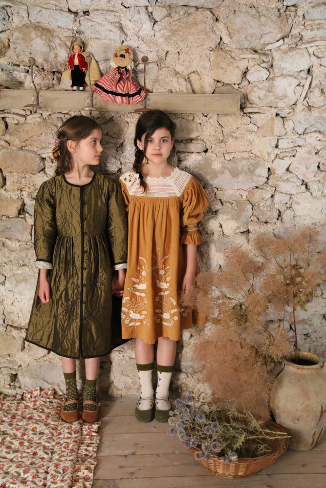 Dress coat kaki taffeta / black organic voile piping