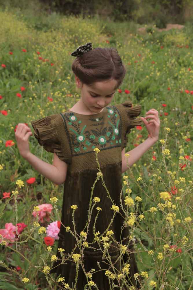 Dress pleated kaki taffetas