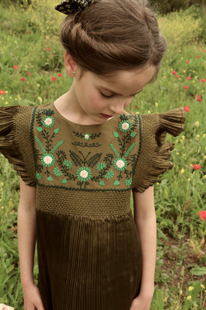 Dress pleated kaki taffetas