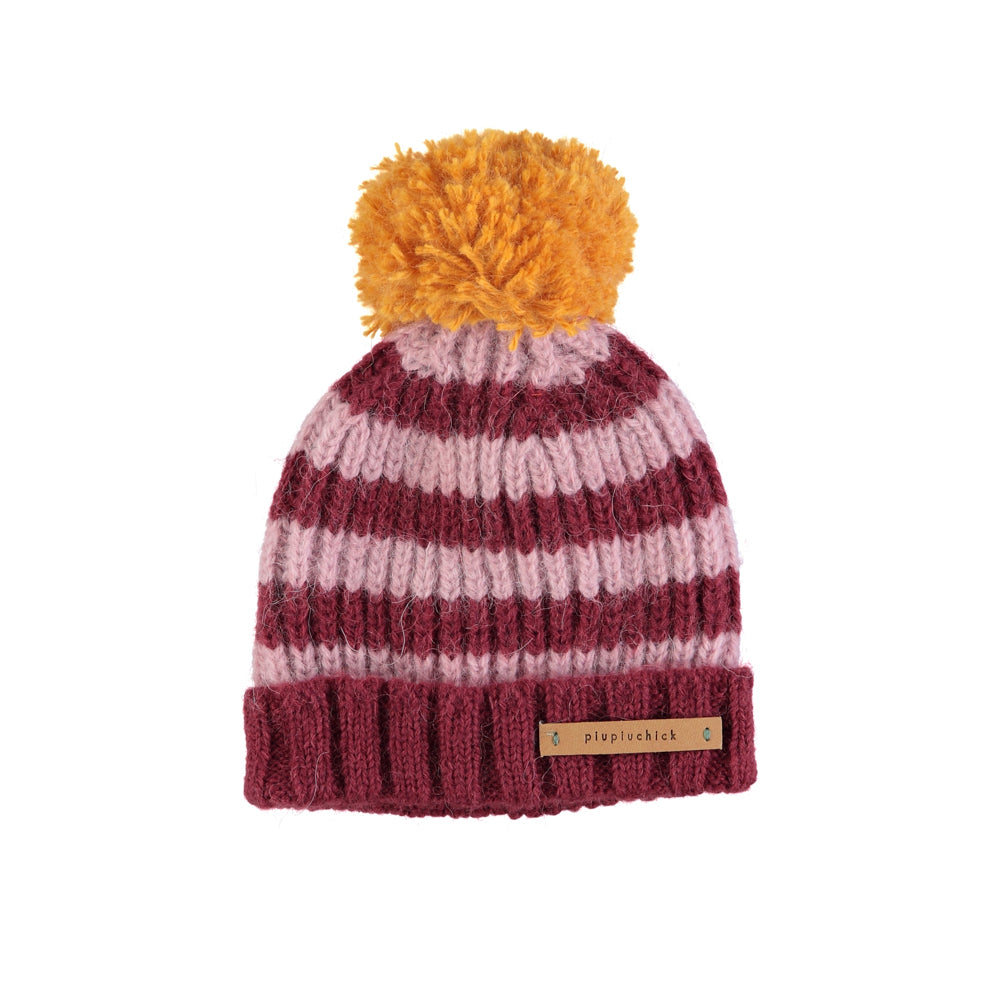 KNITTED POMPOM HAT/PINK & RASPBERRY STRIPES