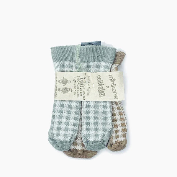 minikane x collegien Set of 2 Doll Tights aquamarine and taupe checked tights