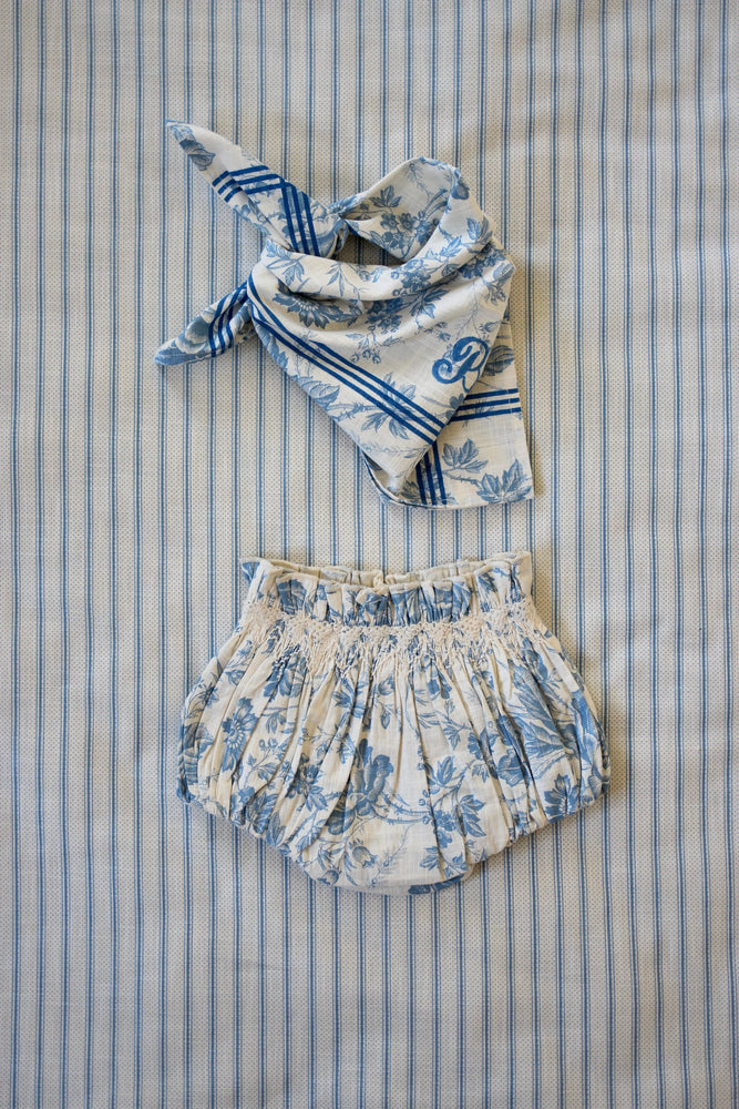 Baby bloomer with blue flower wallpaper print and scarf