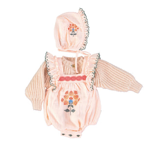 BABY ROMPER RUFFLES ON SHOULDERS/PINK EMBROIDERED FLOWER