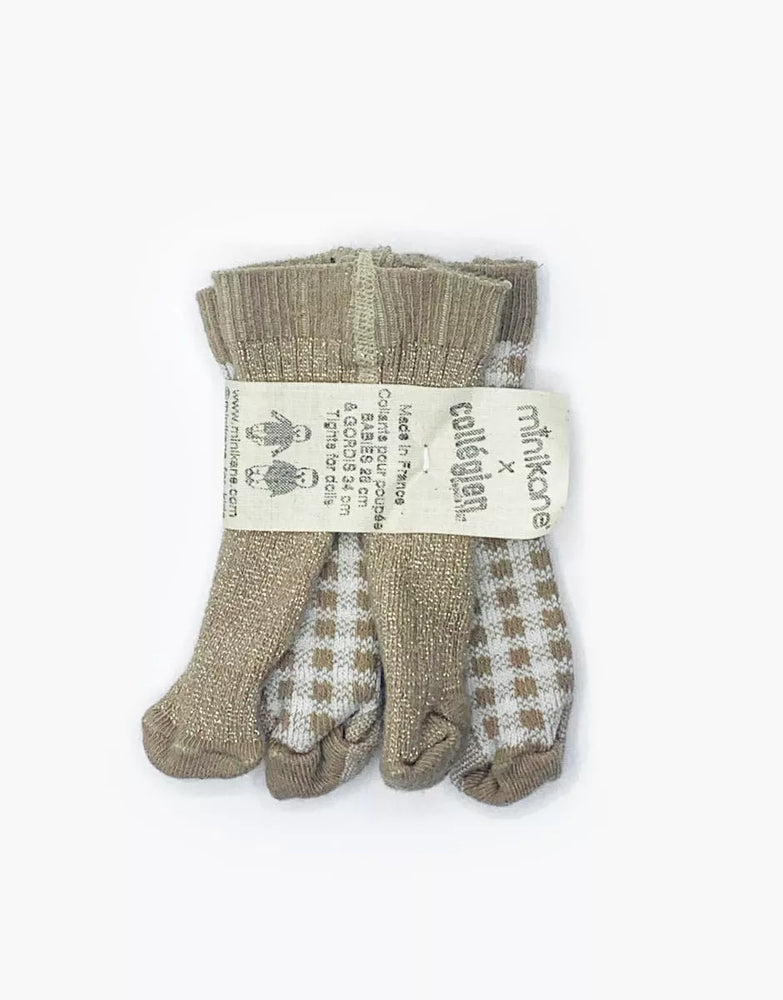 minikane x collegien Set of 2 Doll Tights taupe checked/sequin tights